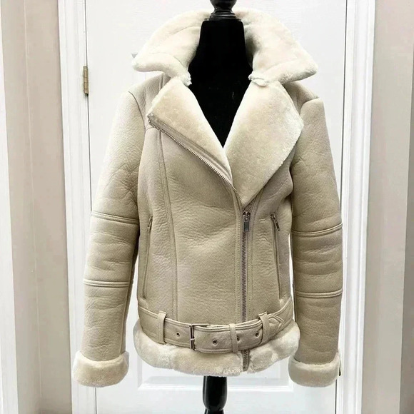 Topshop Cora Faux Shearling Moto Aviator Biker Jacket Cream Ecru Size 4 NWOT - Picture 16 of 16